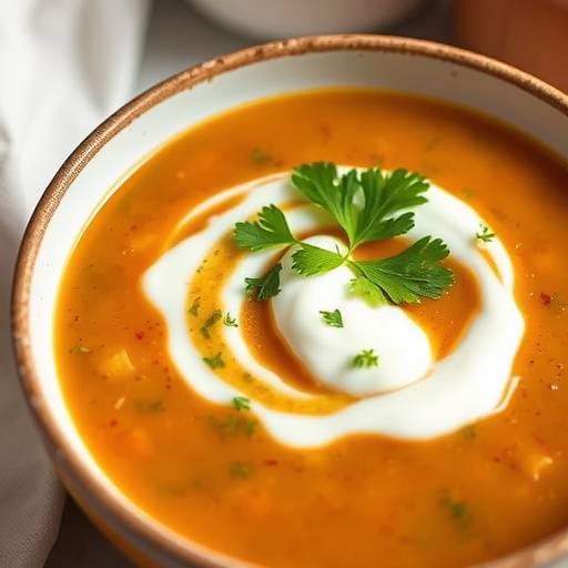 A bowl of hearty lentil soup garnished with a dollop of yogurt and fresh parsley