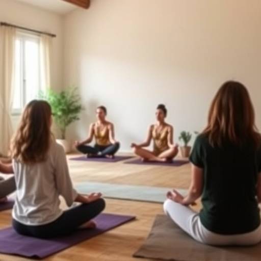 A group of people participating in a guided meditation session in a studio setting
