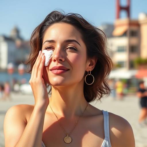A person applying sunscreen to their face on a sunny day in San Francisco
