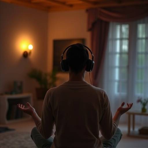 A person lying down comfortably with their eyes closed, listening to a guided meditation with headphones in a dimly lit room