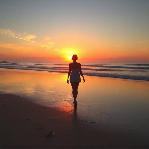 A person walking barefoot on a sandy beach at sunset, practicing mindful walking meditation