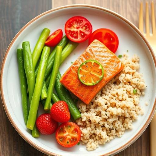 A vibrant plate of food designed for heart health, including salmon, quinoa, and colorful vegetables