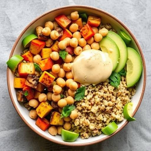 A vibrant Quinoa Power Bowl with roasted vegetables, chickpeas, and a lemon-tahini dressing