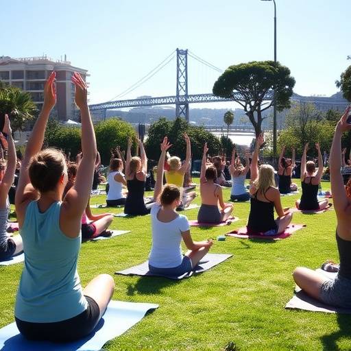 Image of a group of people practicing yoga outdoors in San Francisco