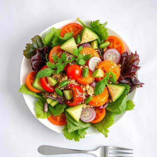 Overhead shot of a vibrant and nutritious salad with a variety of fresh vegetables and fruits