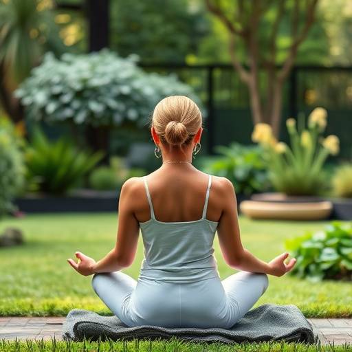 Person meditating peacefully in a serene garden with lush greenery