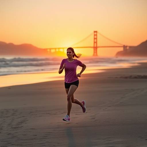 Woman jogging along the beach in San Francisco at sunrise