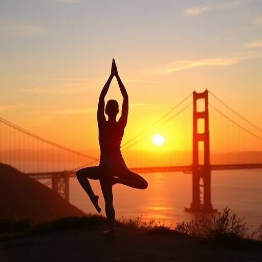 Woman practicing yoga outdoors at sunrise with the Golden Gate Bridge in the background